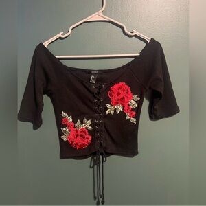 Forever 21 Black Lace-Up Crop Top with Red Rose Embroidery
